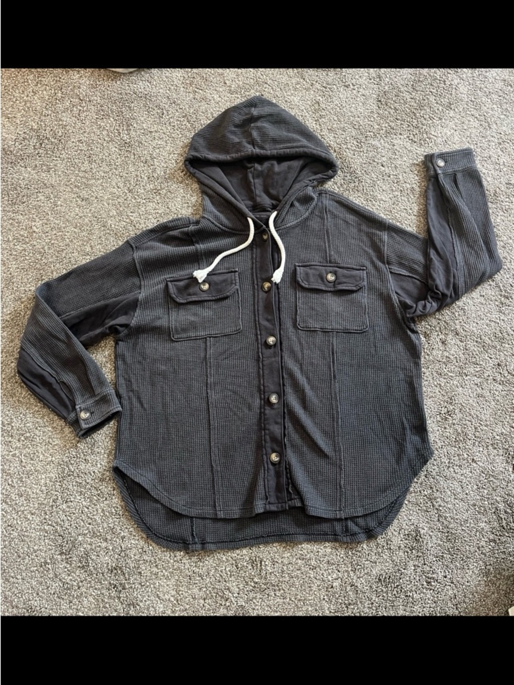 American Eagle Mens/Womens Charcoal Waffle Knit Button Front Hooded Shacket L
